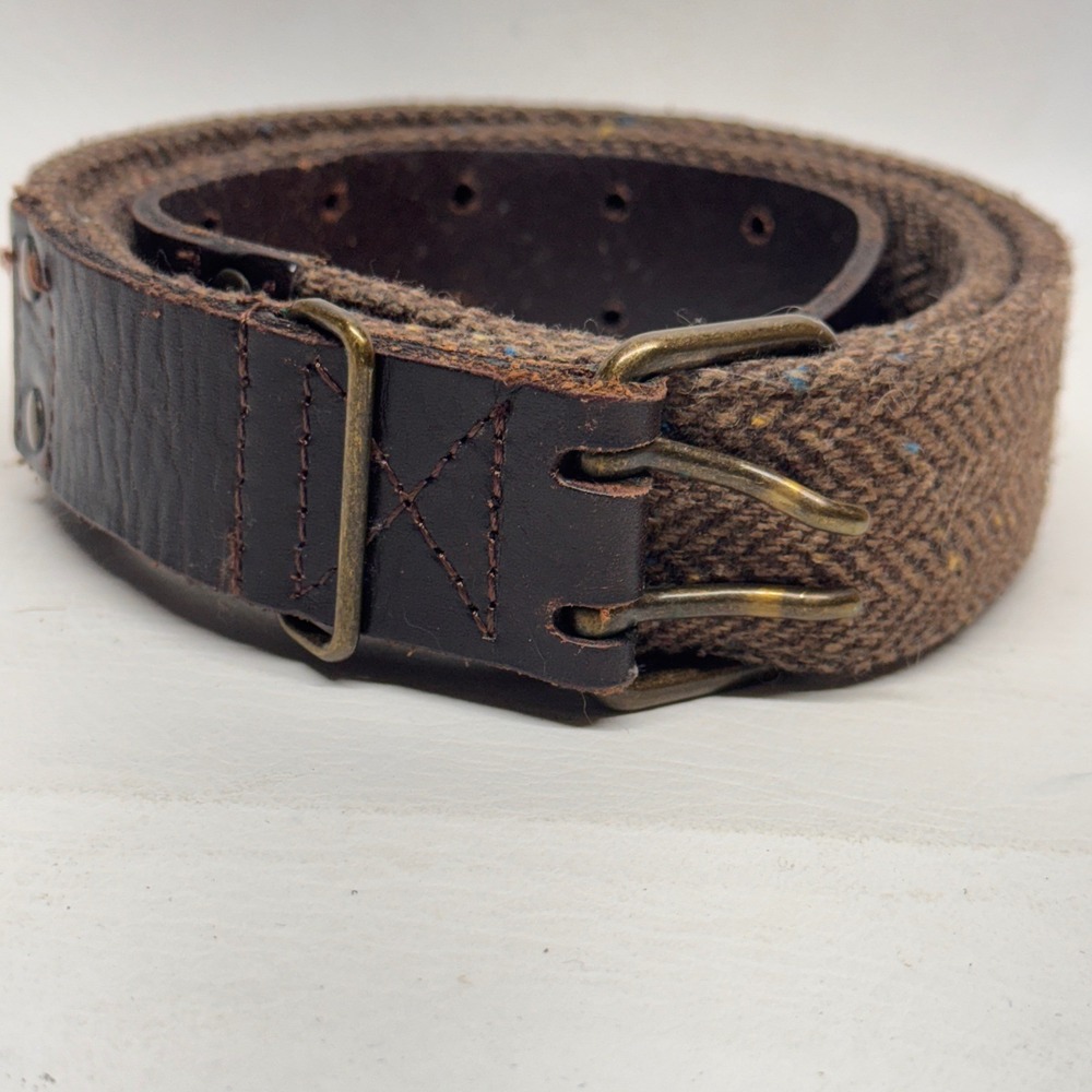 URBN Herringbone Belt Women 38 Brown Leather Tweed Dark Academia Heritage - Picture 2 of 10